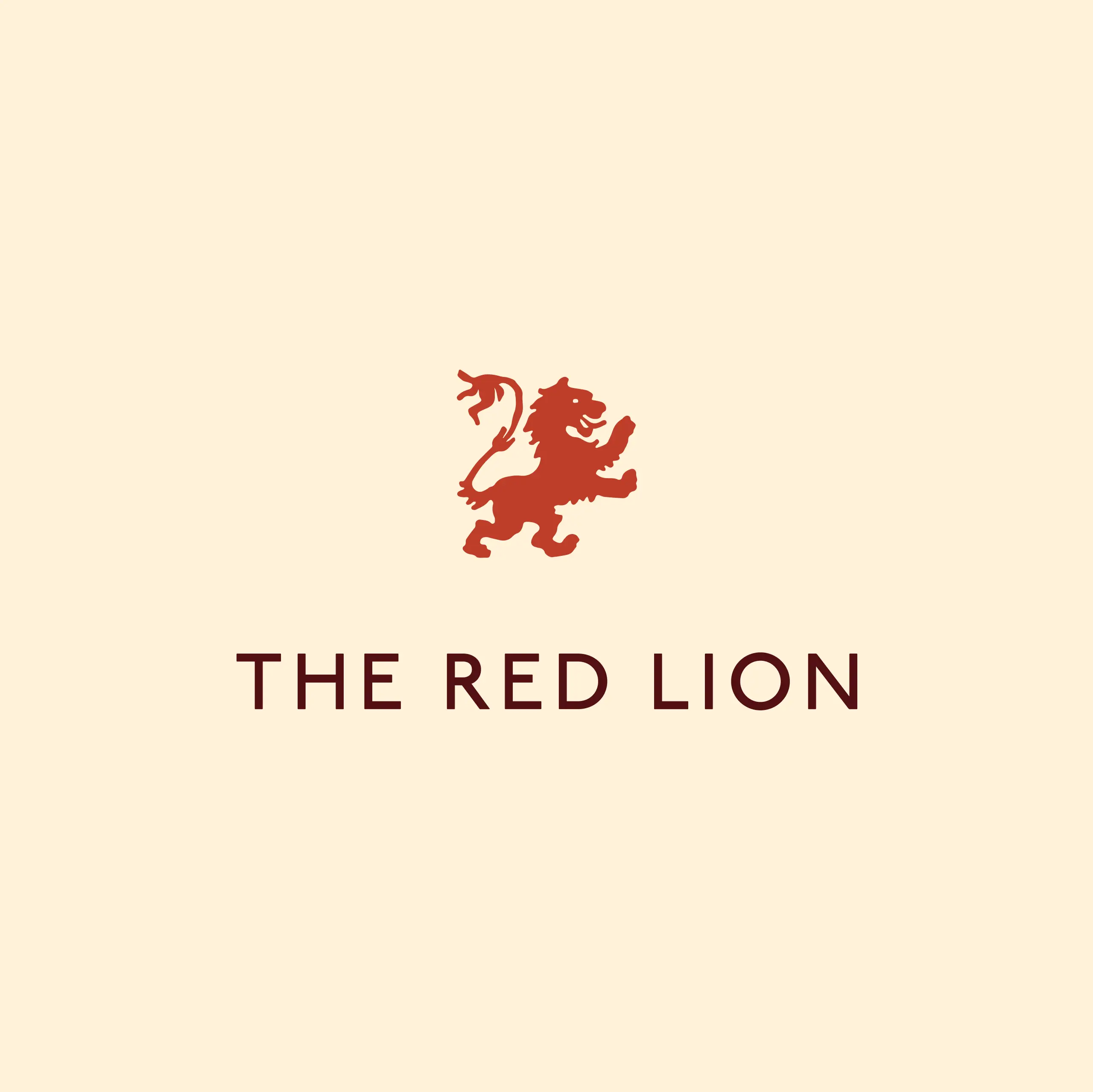 Stylised red heraldic lion above centred uppercase text "THE RED LION" on a cream background.