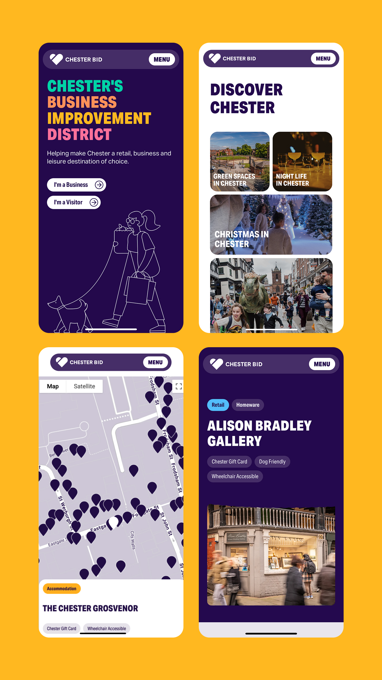 Four phone screens on yellow background showing a Chester BID app: homepage, Discover cards, pinned map and gallery page.