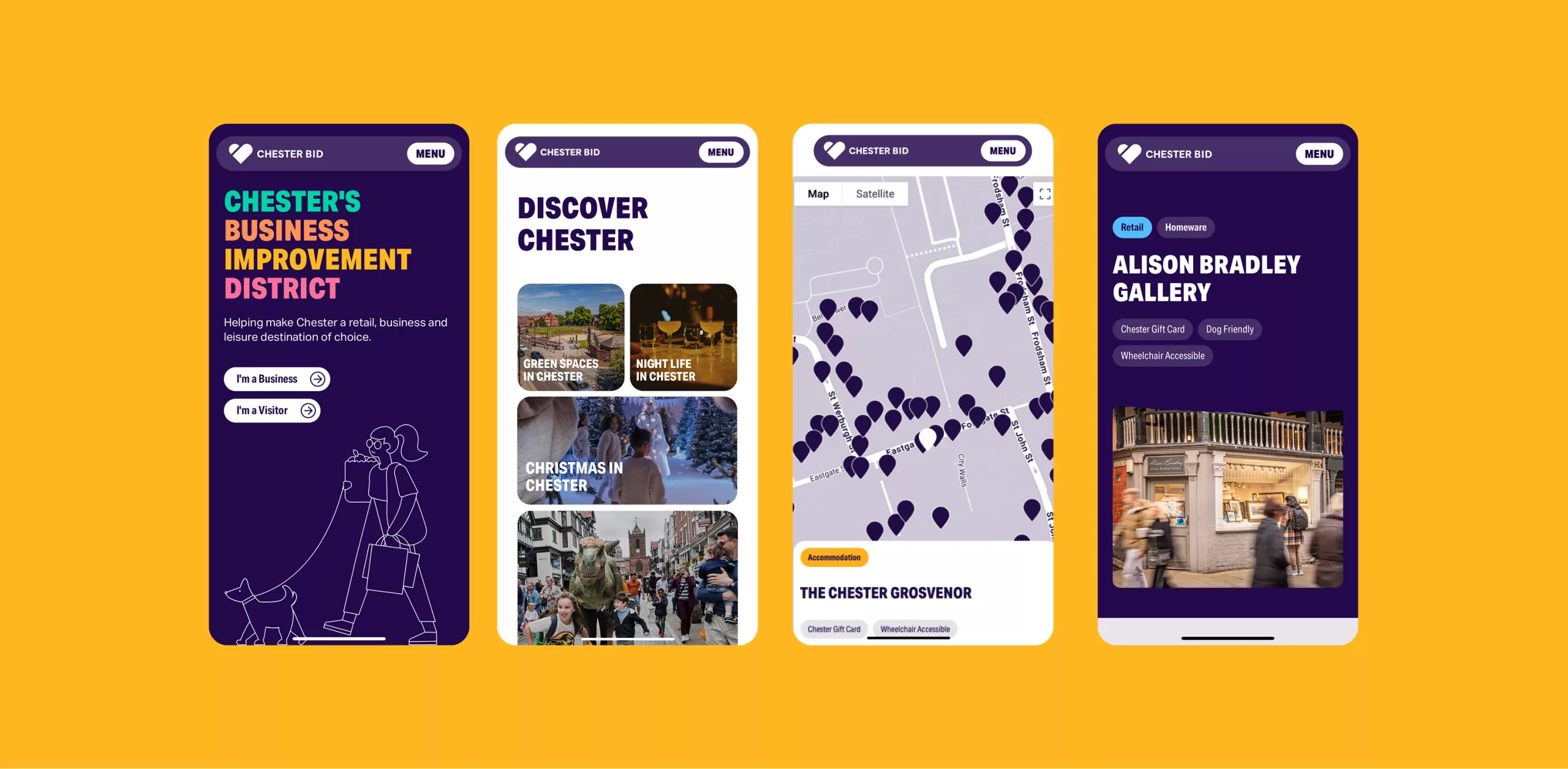 Four mobile screens for Chester BID website on yellow background: purple welcome, Discover tiles, pin map and gallery.