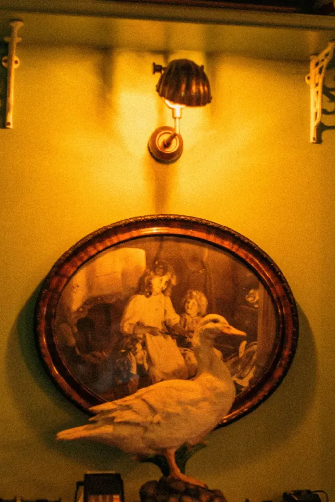 Brass wall lamp over an oval painting of children, with a white taxidermy duck mounted in front