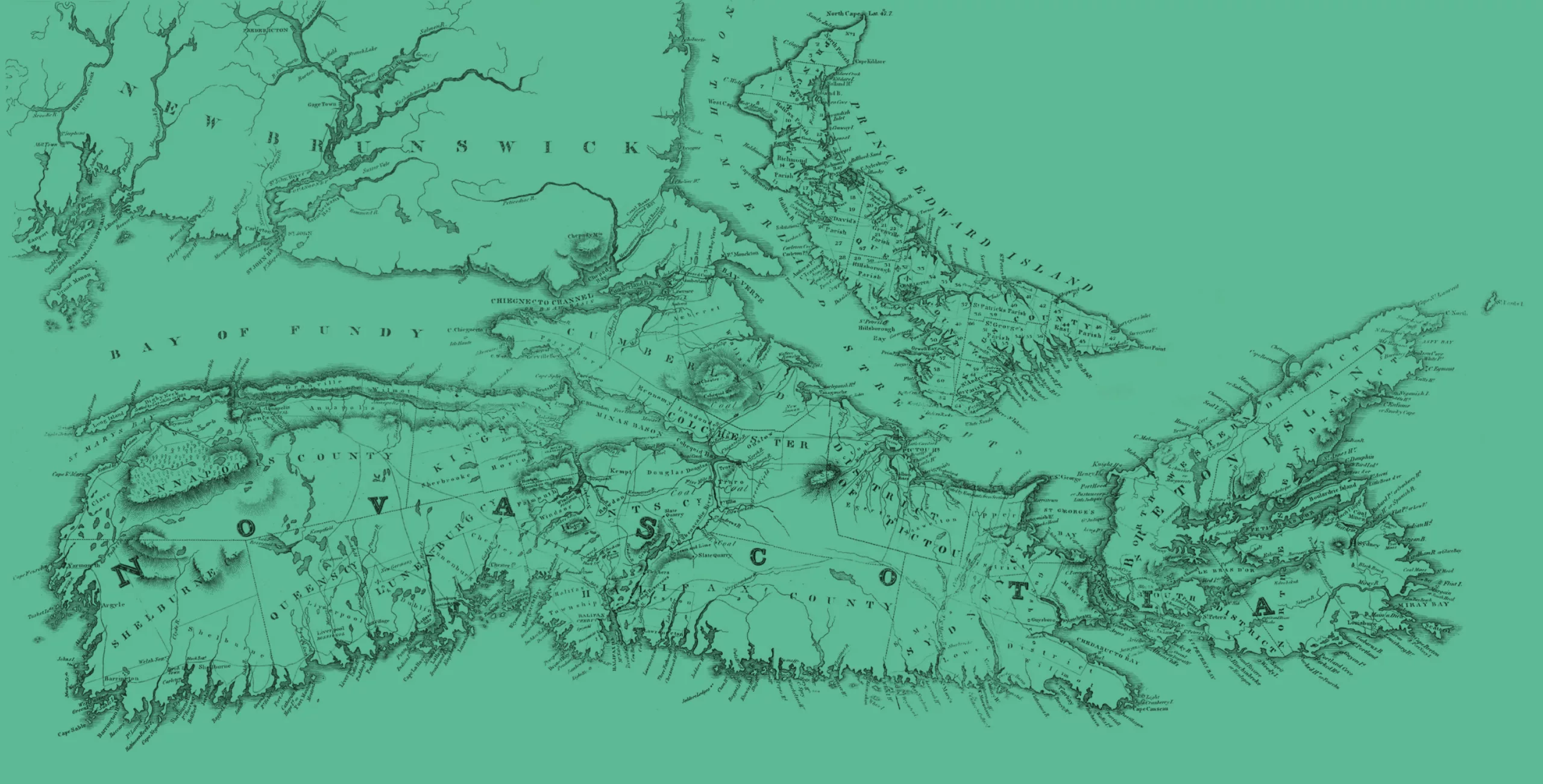 Vintage green-toned map of Nova Scotia and neighbouring regions, showing coastlines, counties and the Bay of Fundy.