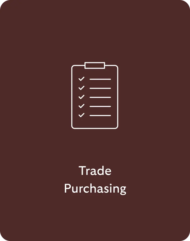 White clipboard checklist icon above the text "Trade Purchasing" on a dark maroon background.