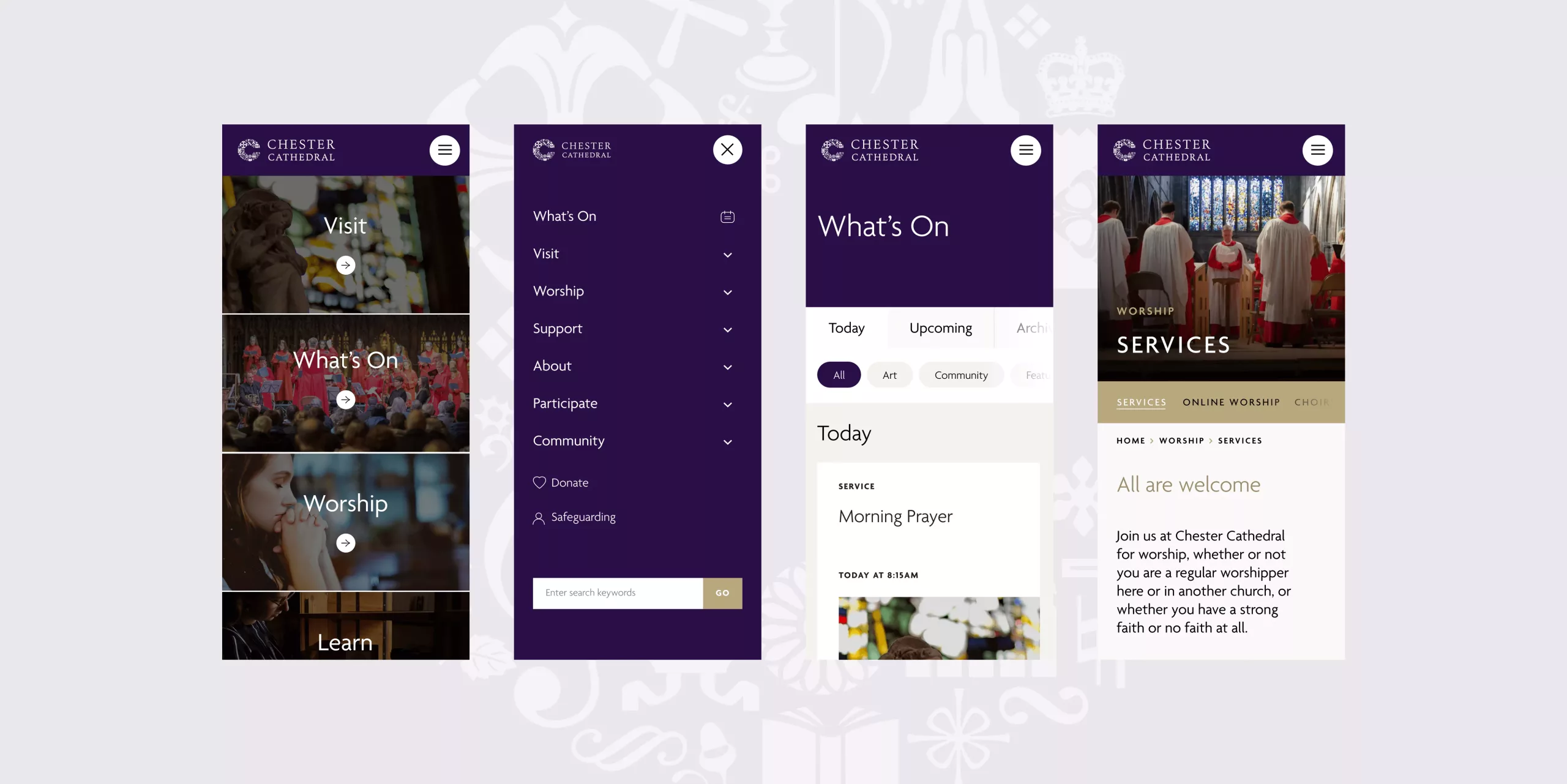 Four mobile screen mockups of the Chester Cathedral website/app in a purple theme showing Visit, What's On, Worship and Services pages.
