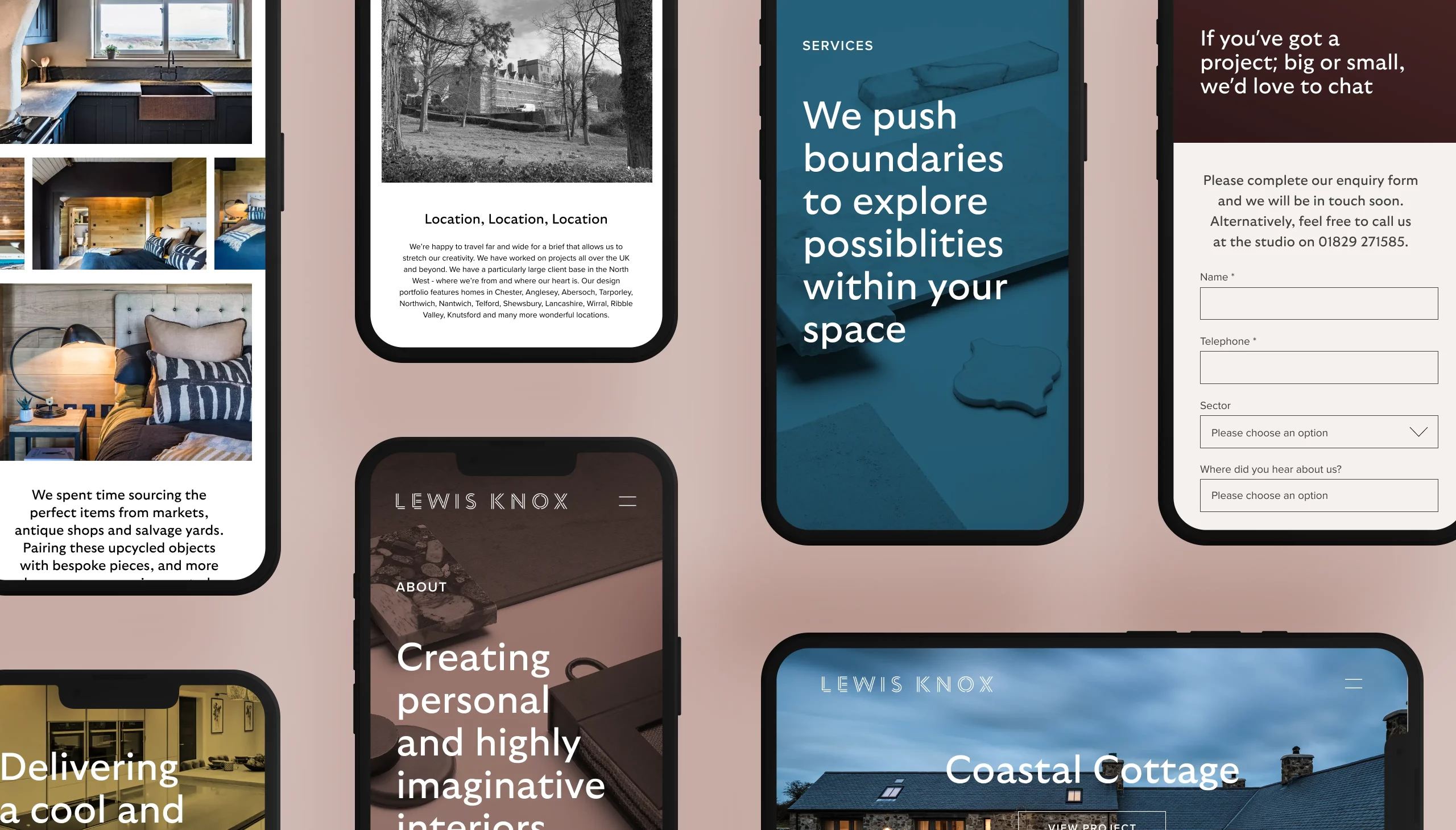 Flat-lay of multiple smartphone mockups on a pink background showing a Lewis Knox interior-design website with images and text