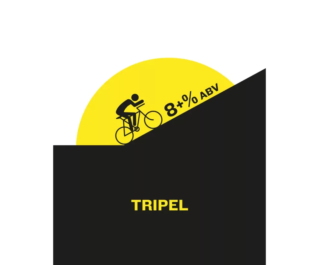 Stylised cyclist riding up a steep black slope against a yellow semicircle with 8+% ABV text and the word TRIPEL below.