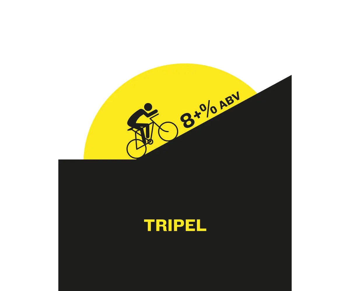 Stylised cyclist riding up a steep black slope against a yellow semicircle with 8+% ABV text and the word TRIPEL below.