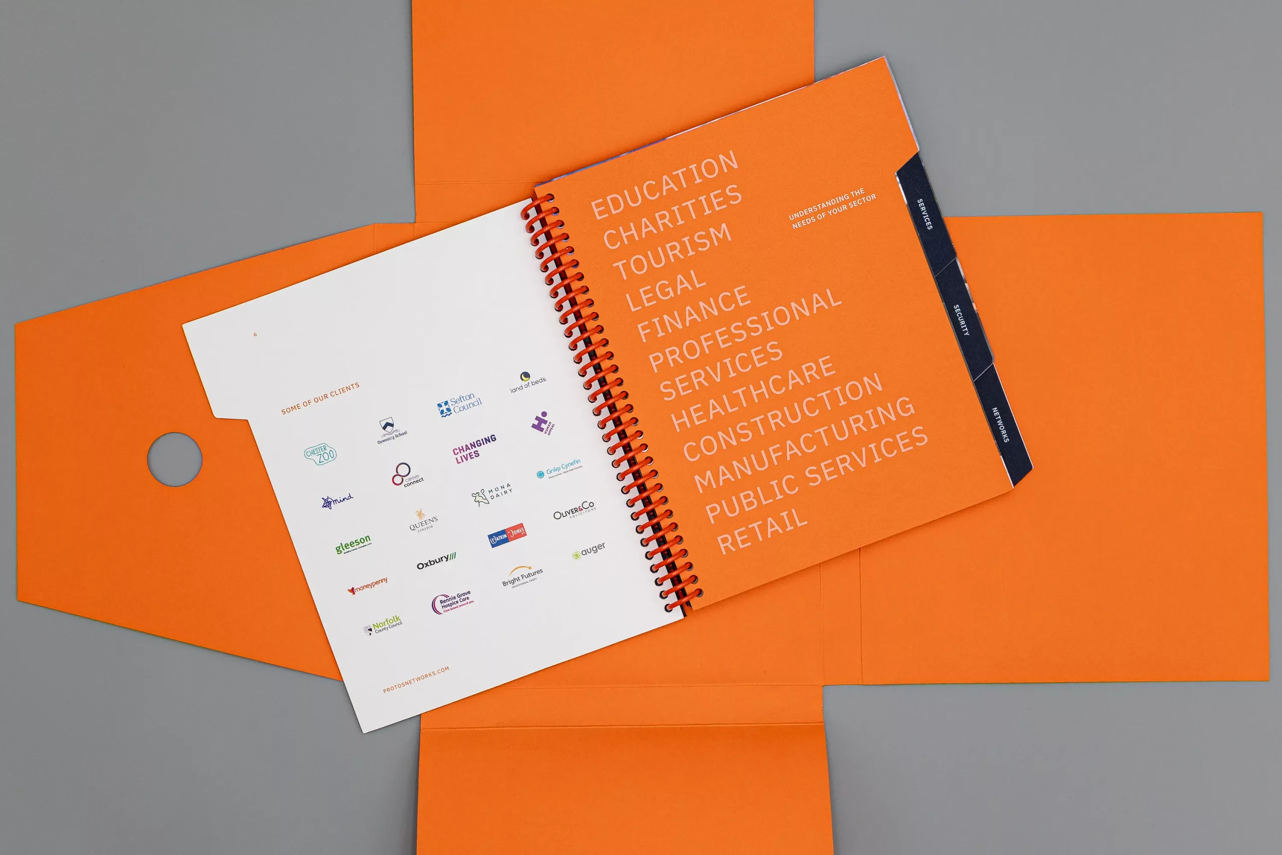 Orange spiral-bound brochure on matching folder, cover lists industries in white text and inner page displays client logos.