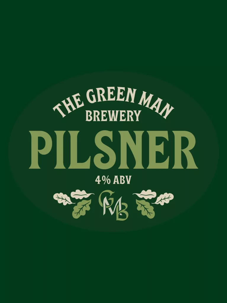 Dark green oval beer label reading The Green Man Brewery PILSNER 4% ABV with oak leaf graphics and GMB monogram.