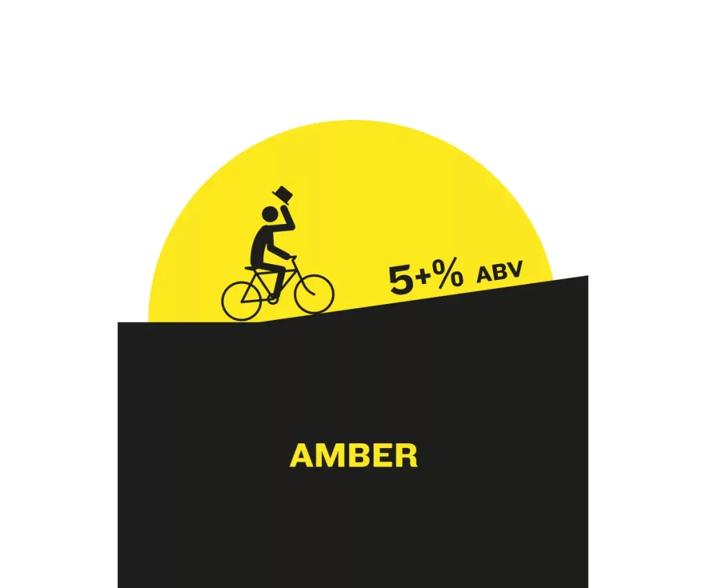 Silhouetted rider tipping a top hat on a bicycle against a yellow semicircle, labelled AMBER with 5+% ABV.
