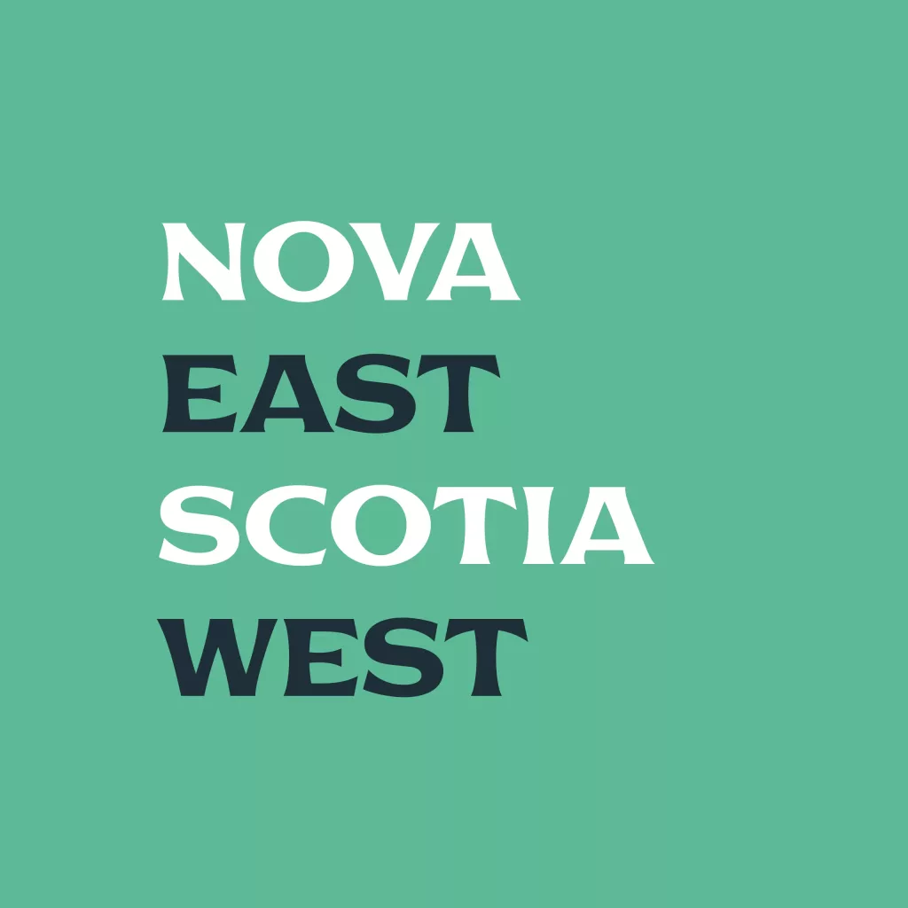 Stacked typographic text reading "NOVA EAST SCOTIA WEST" in alternating white and dark teal letters on a muted green background.