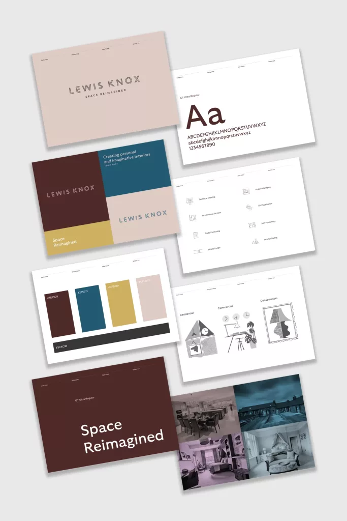 Brand guideline layout for Lewis Knox showing logo, colour swatches, typography samples, icons and photographic interiors.