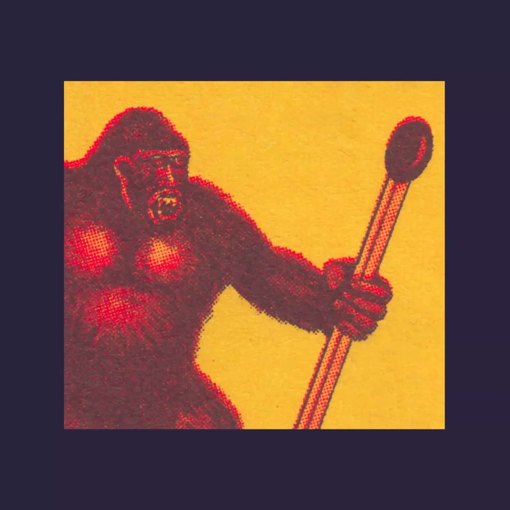 Stylised red halftone ape on a yellow background gripping a long stick with a rounded tip.