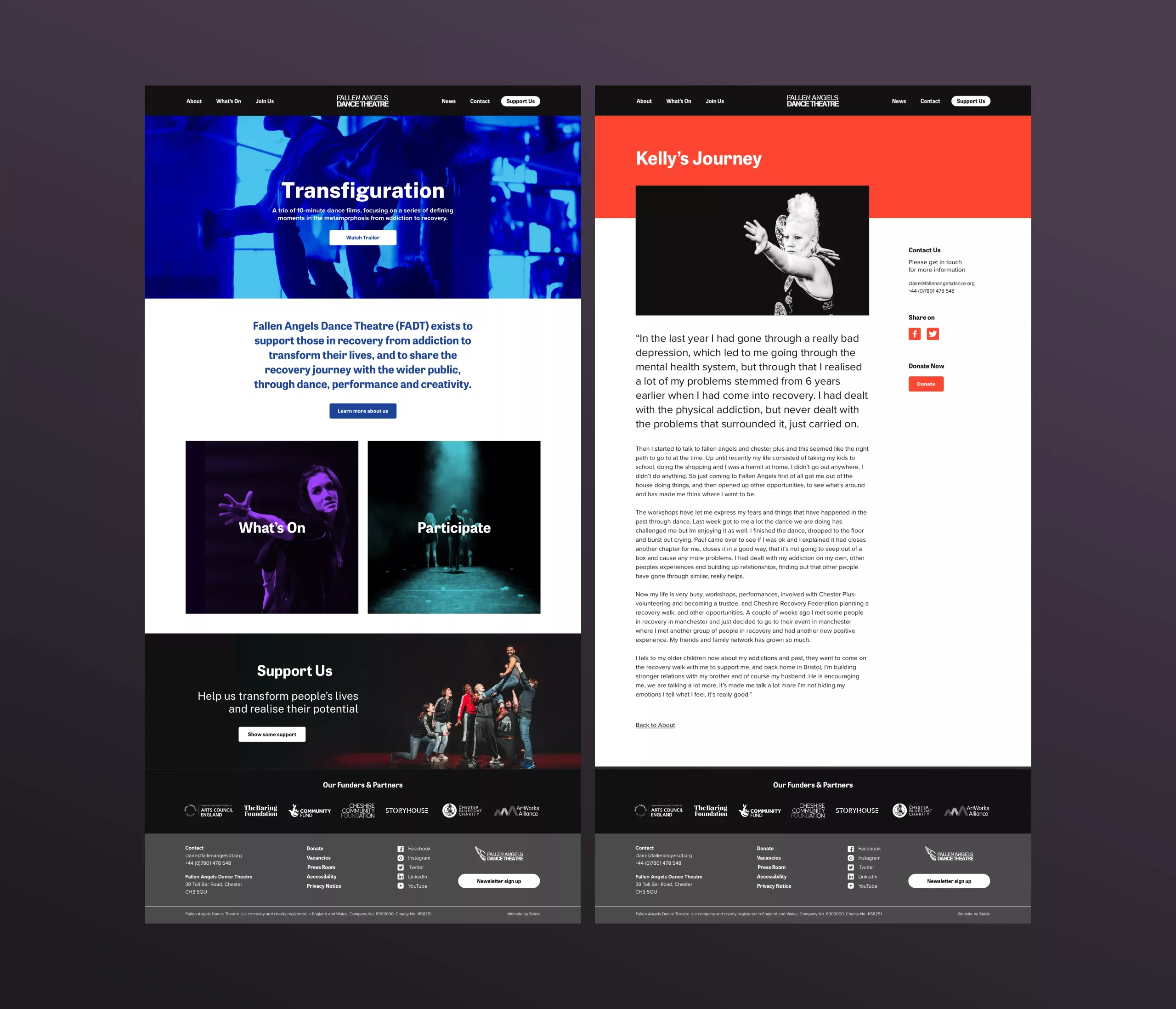 Two side-by-side website mockups for Fallen Angels Dance Theatre: left with blue "Transfiguration" hero and event blocks; right with red "Kelly's Journey" header, black-and-white portrait and testimonial text.