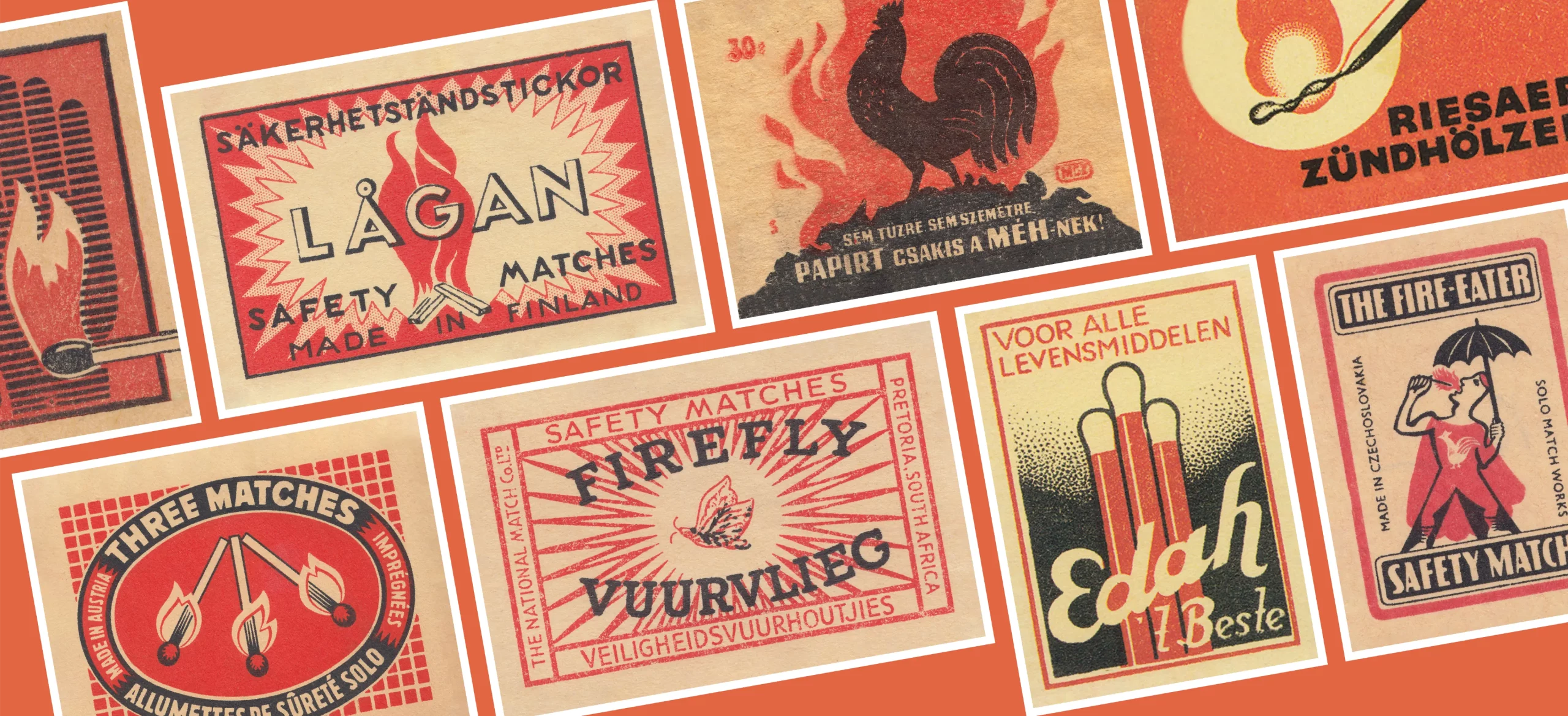 Collage of vintage matchbox labels with red-orange palettes showing stylised flames, matches, a rooster and retro typography.