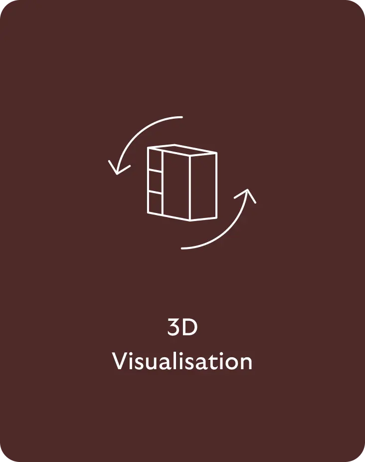 White line 3D cabinet icon with rotating arrows above the label "3D Visualisation" on a brown background.
