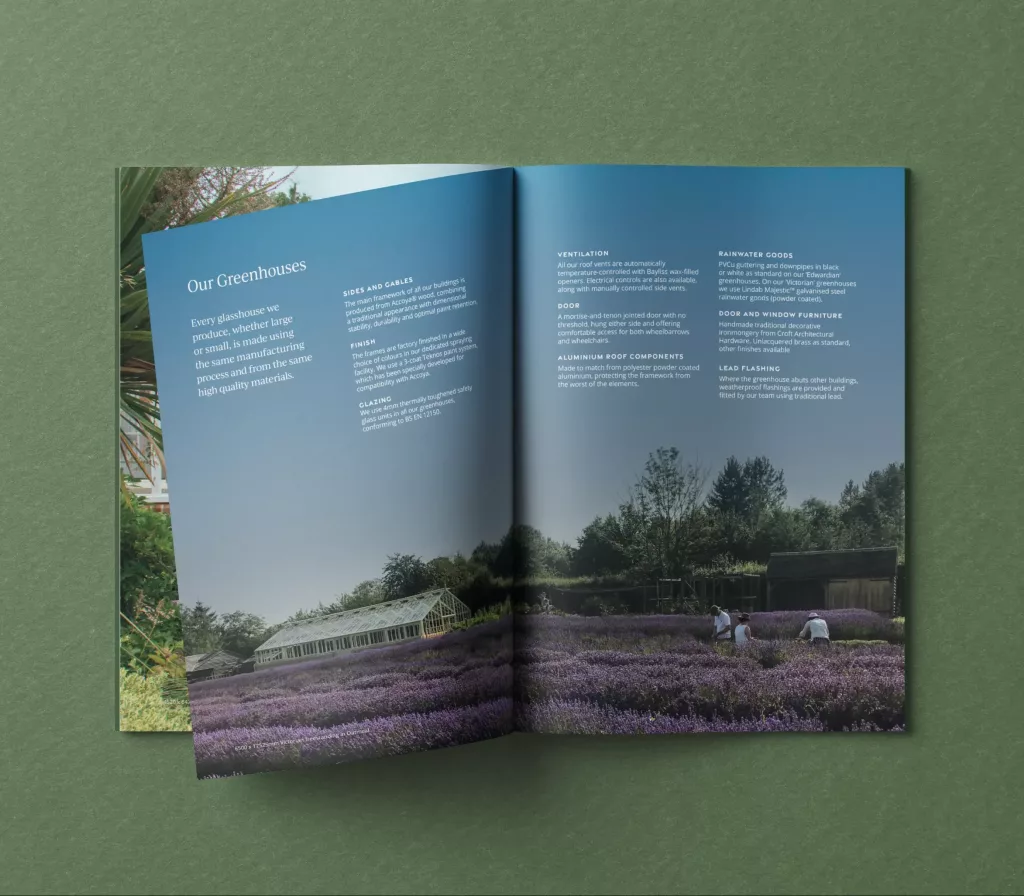 Open brochure spread titled Our Greenhouses featuring a glass greenhouse and workers in a lavender field.