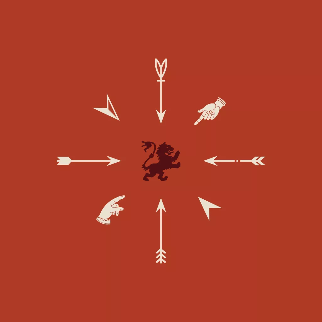 Dark heraldic lion at centre with eight cream arrows and pointing hands radiating on rust-red background.