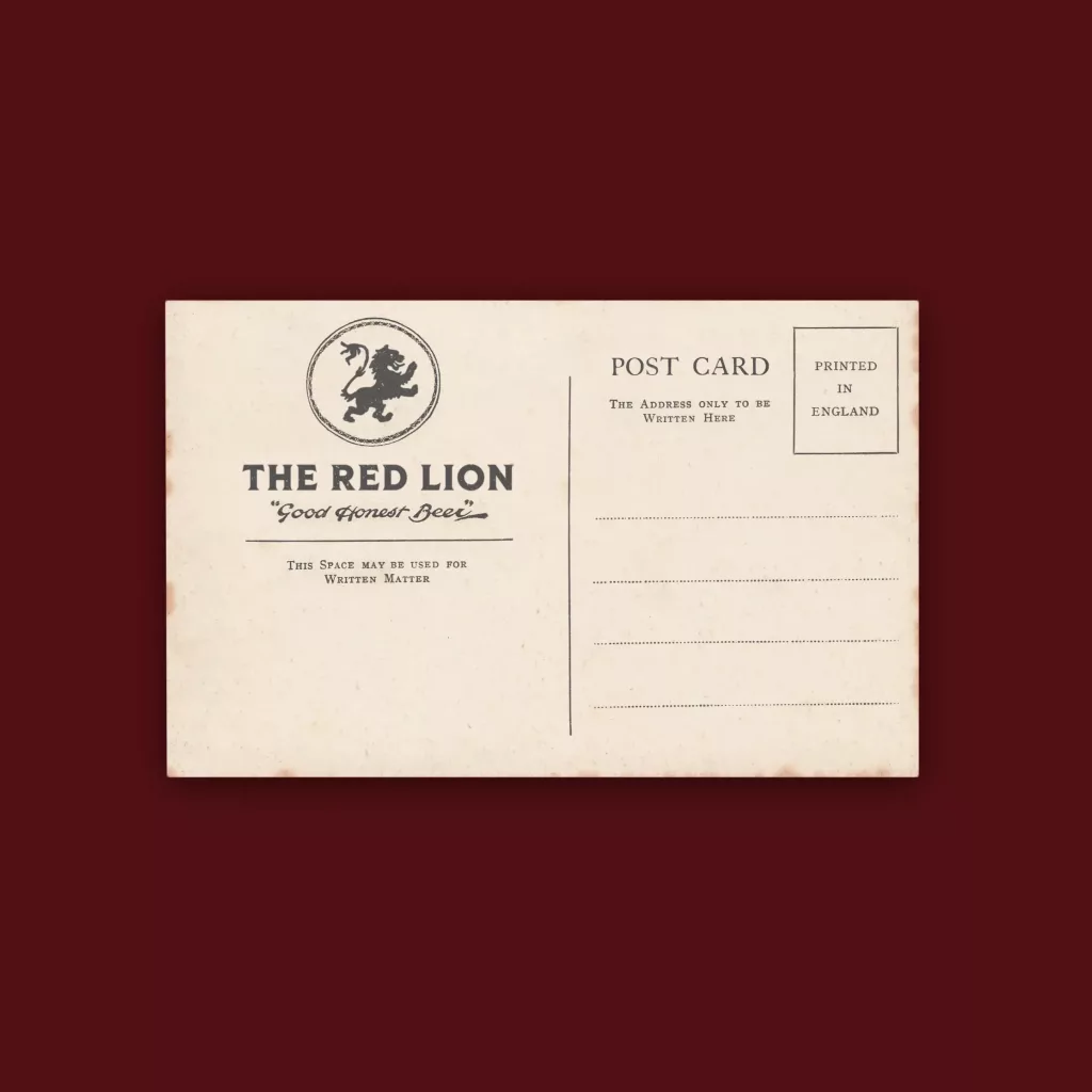 Vintage postcard showing a lion emblem and THE RED LION pub logo reading Good Honest Beer, with divided address side
