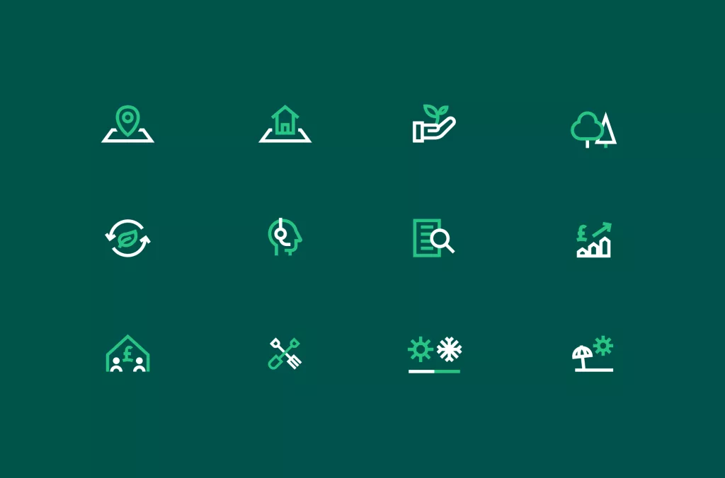 Grid of 12 green-and-white environmental line icons arranged on a dark green background.