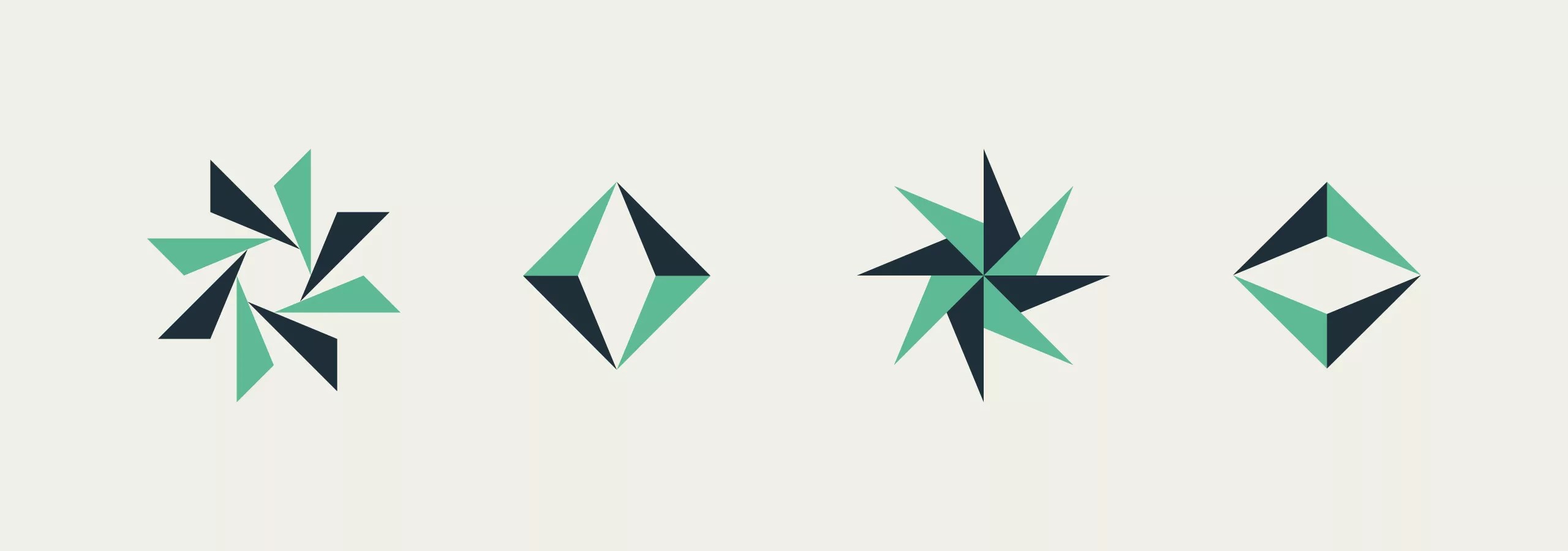 Four geometric emblems in mint green and dark teal on a pale background: two pinwheel stars and two diamond outlines.