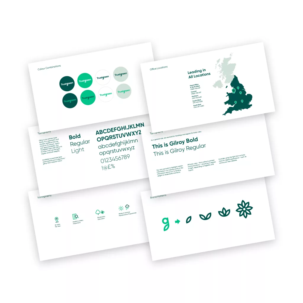 Overlapping brand guideline slides with green swatches, Gilroy typography, UK map, icons and leaf-to-flower motif