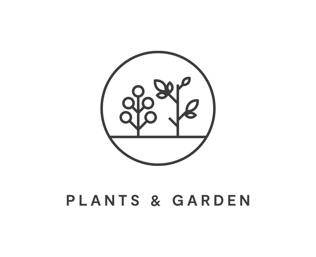 Circular line logo showing two stylised plants above a horizontal ground line with PLANTS & GARDEN text beneath.