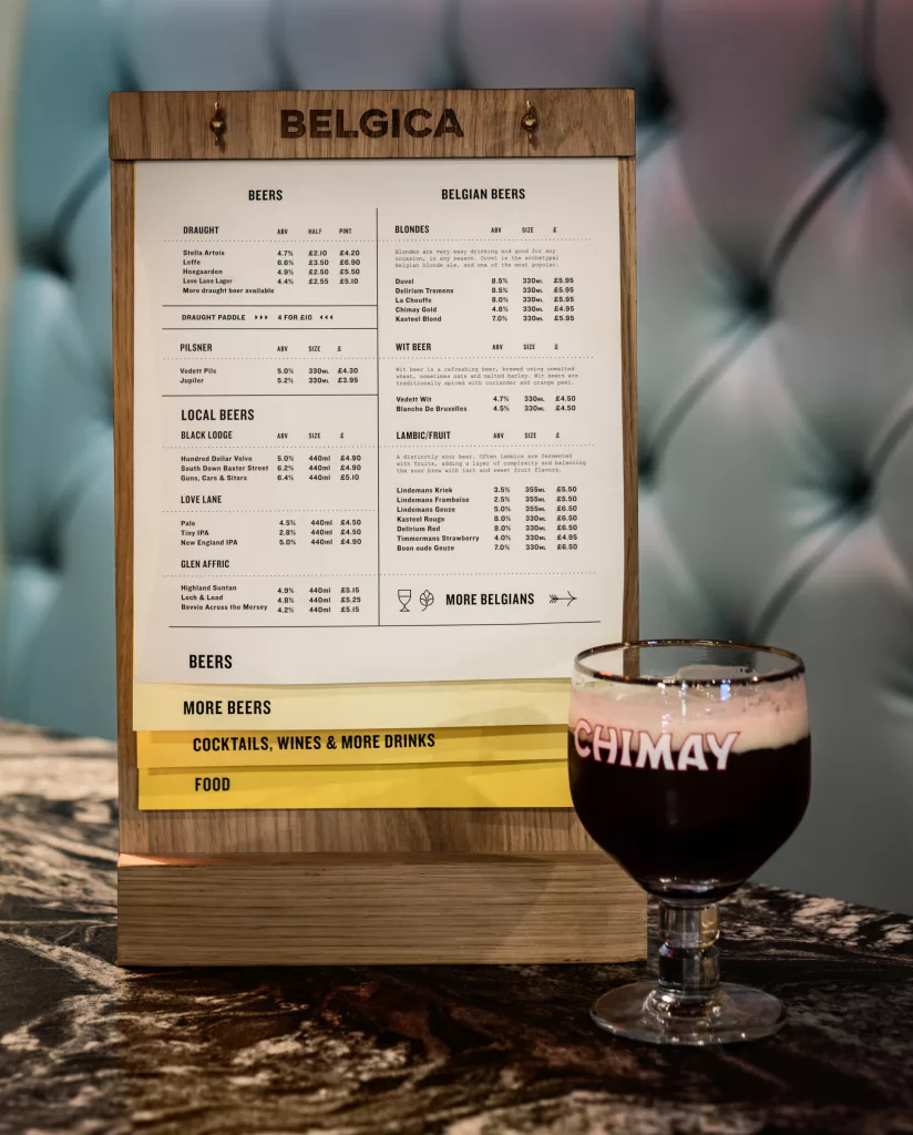 Wooden tabletop beer menu titled BELGICA showing Belgian beers next to a Chimay goblet of dark beer on a marble table.