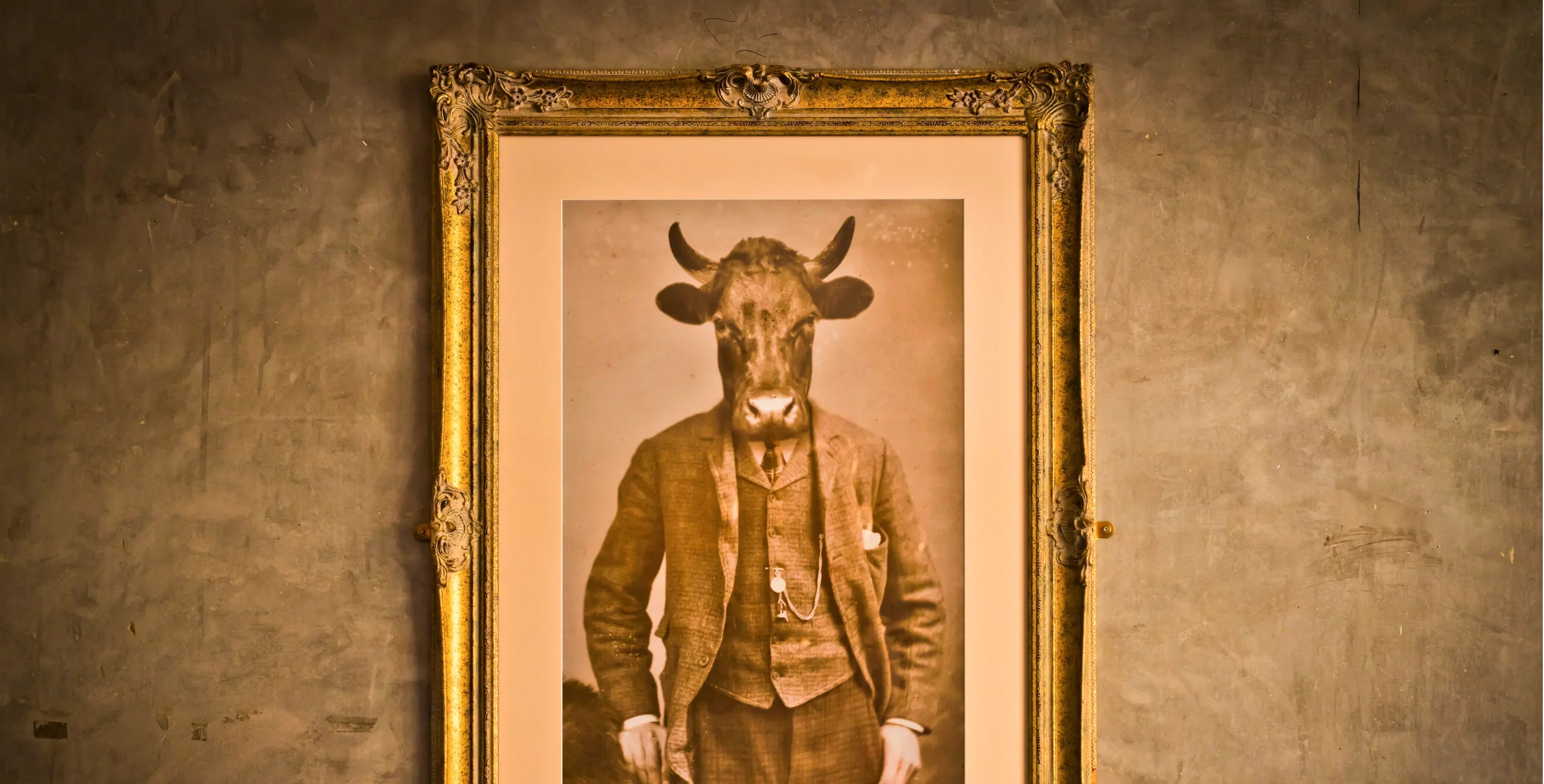 Sepia portrait of a cow-headed figure in a vintage suit, in an ornate gold frame on a concrete wall.