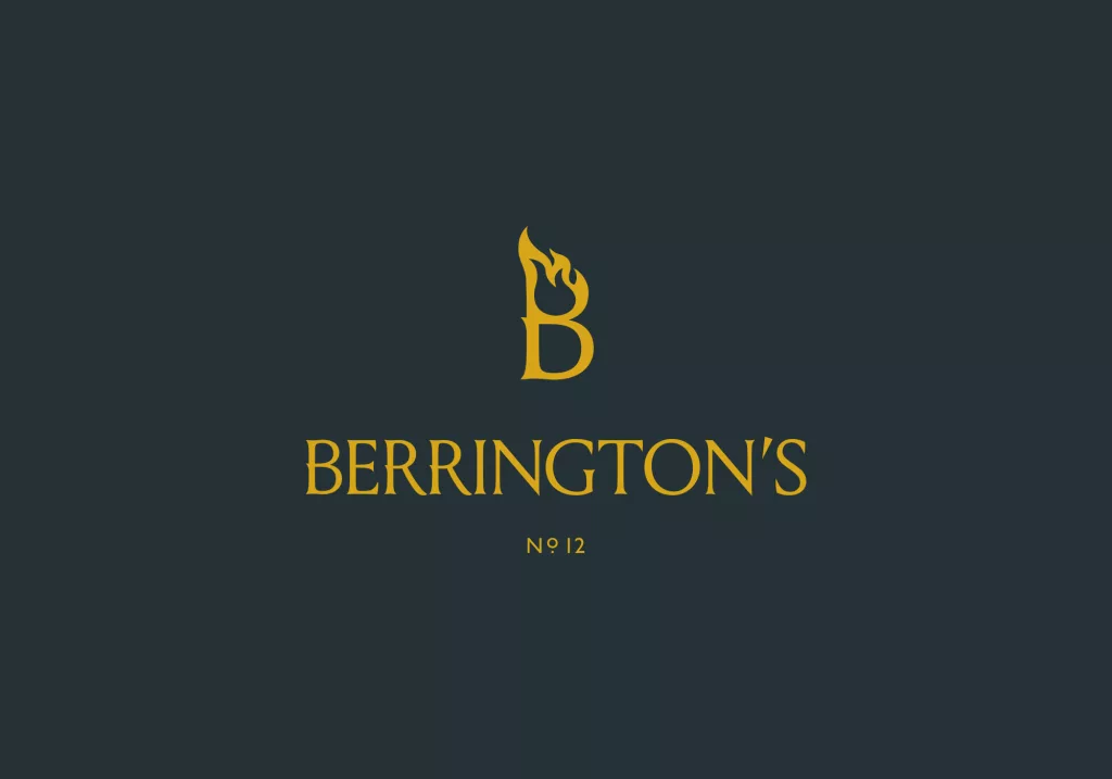 Gold letter B topped with a stylised flame above the word BERRINGTON'S and "No 12" on a dark teal background.