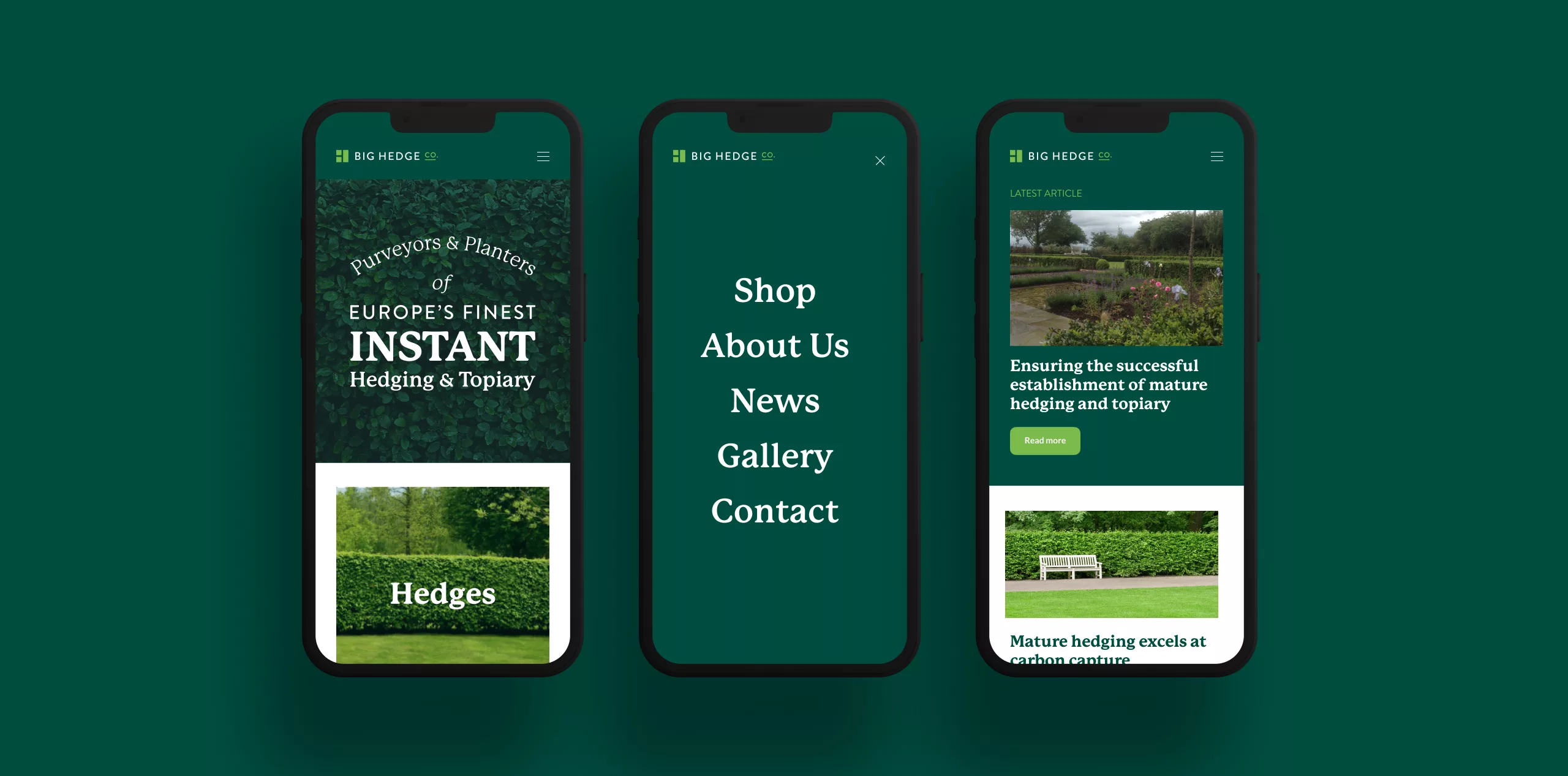 Three phones displaying Big Hedge Co. green website: left 'INSTANT Hedging' hero, centre menu, right article list