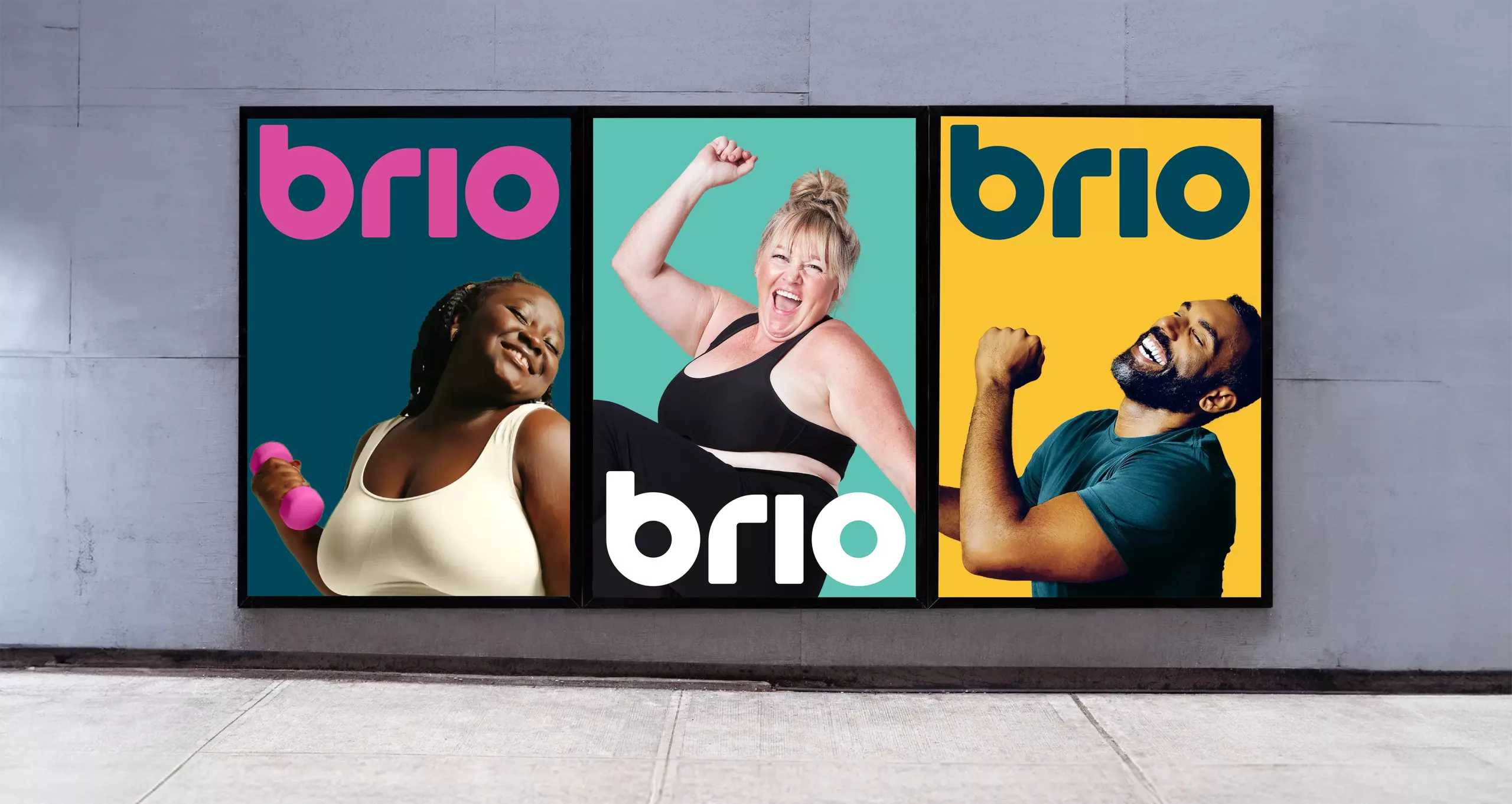 Three colourful side-by-side fitness posters showing smiling diverse adults striking triumphant poses with the word brio.