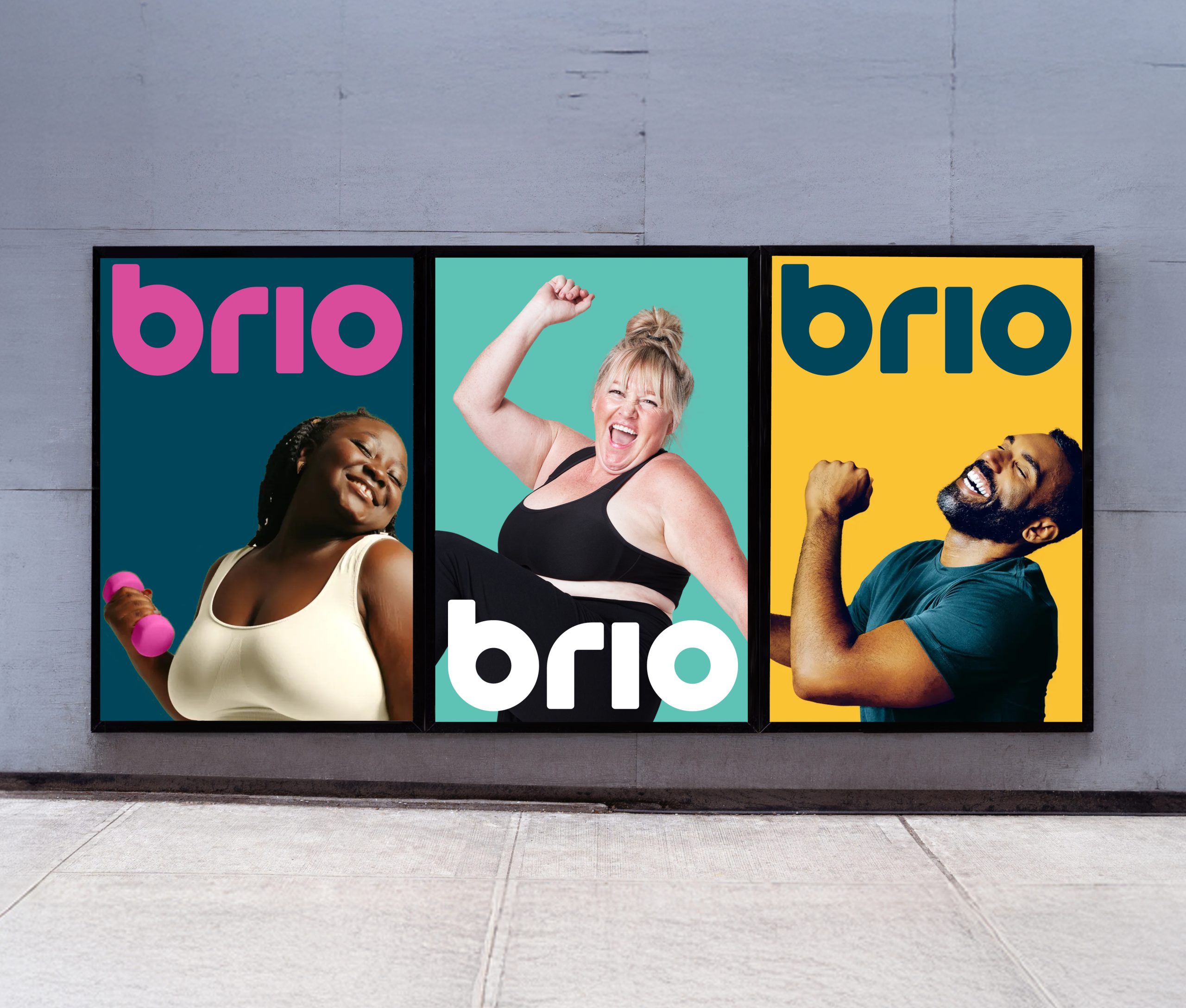 Three colourful brio posters showing smiling diverse people: woman with pink dumbbell, cheering woman, and laughing man.