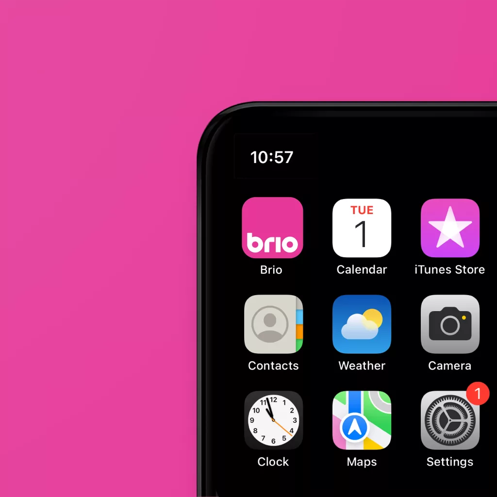 Smartphone corner on a pink background showing a pink Brio app icon and nearby apps (Calendar, Weather, Camera, Settings).
