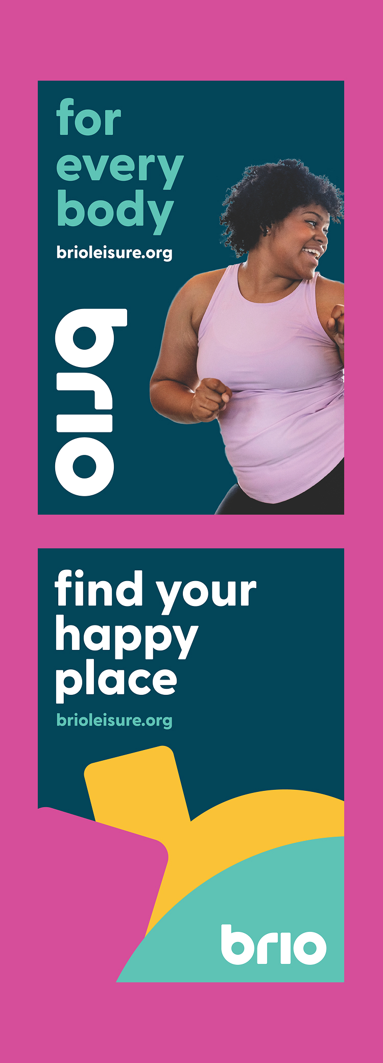 Smiling plus-size woman in a lilac workout top beside the slogans 