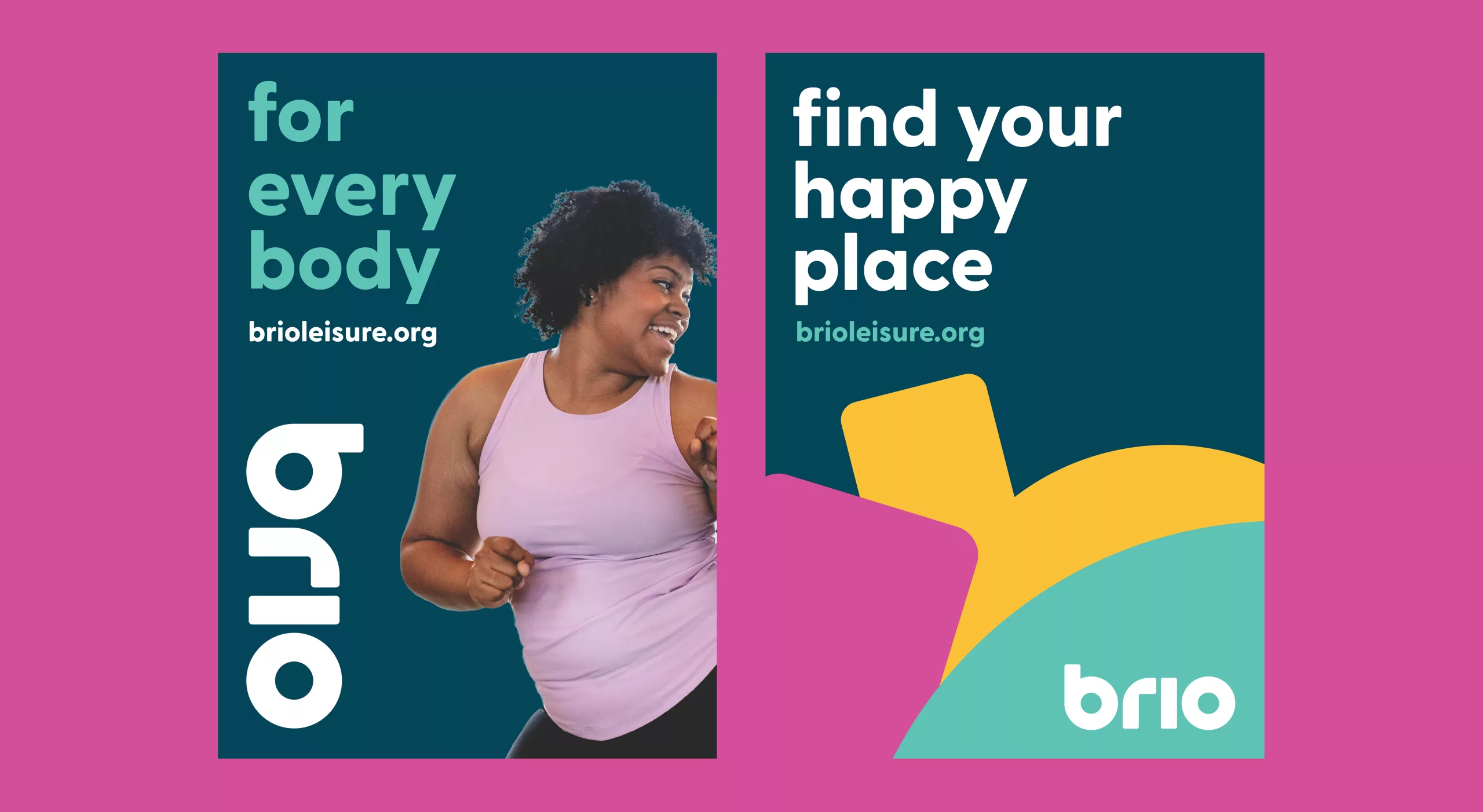 Brio poster with smiling woman in a lilac top and the slogans for every body and find your happy place alongside colourful shapes.