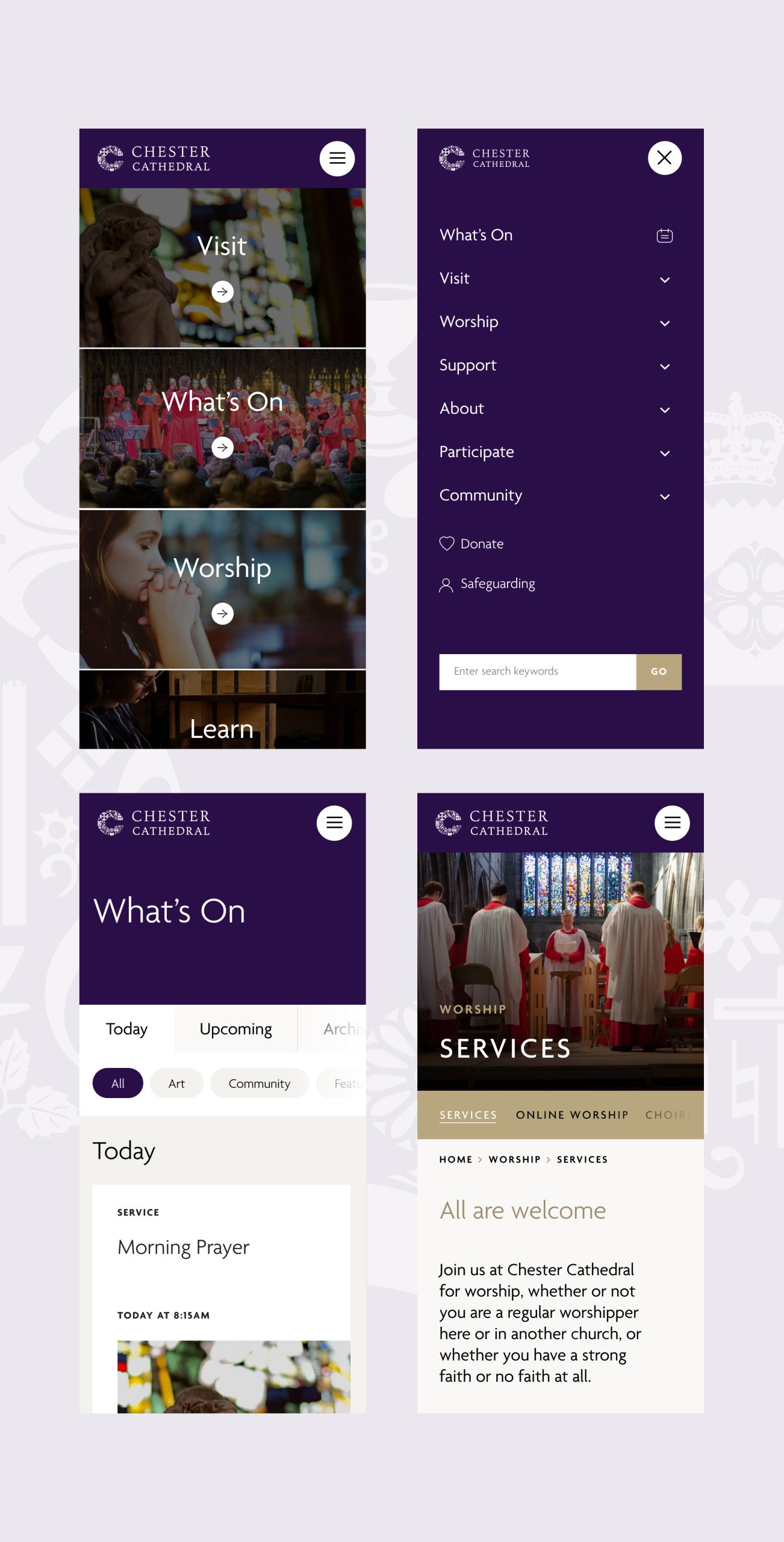 Mobile mockups of the Chester Cathedral site: purple header, expanded menu, What's On and Worship screens with photos.