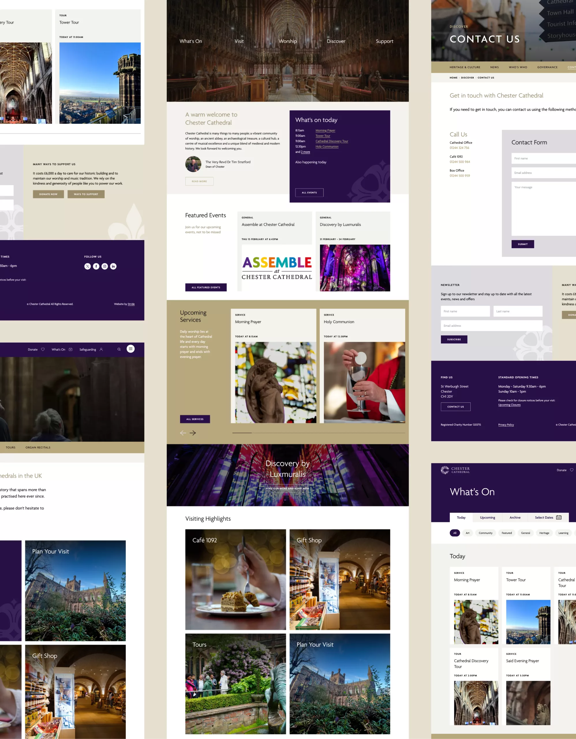 Website layout mockup for a cathedral, showing a nave photo header, events and contact panels, and visiting highlights grid.