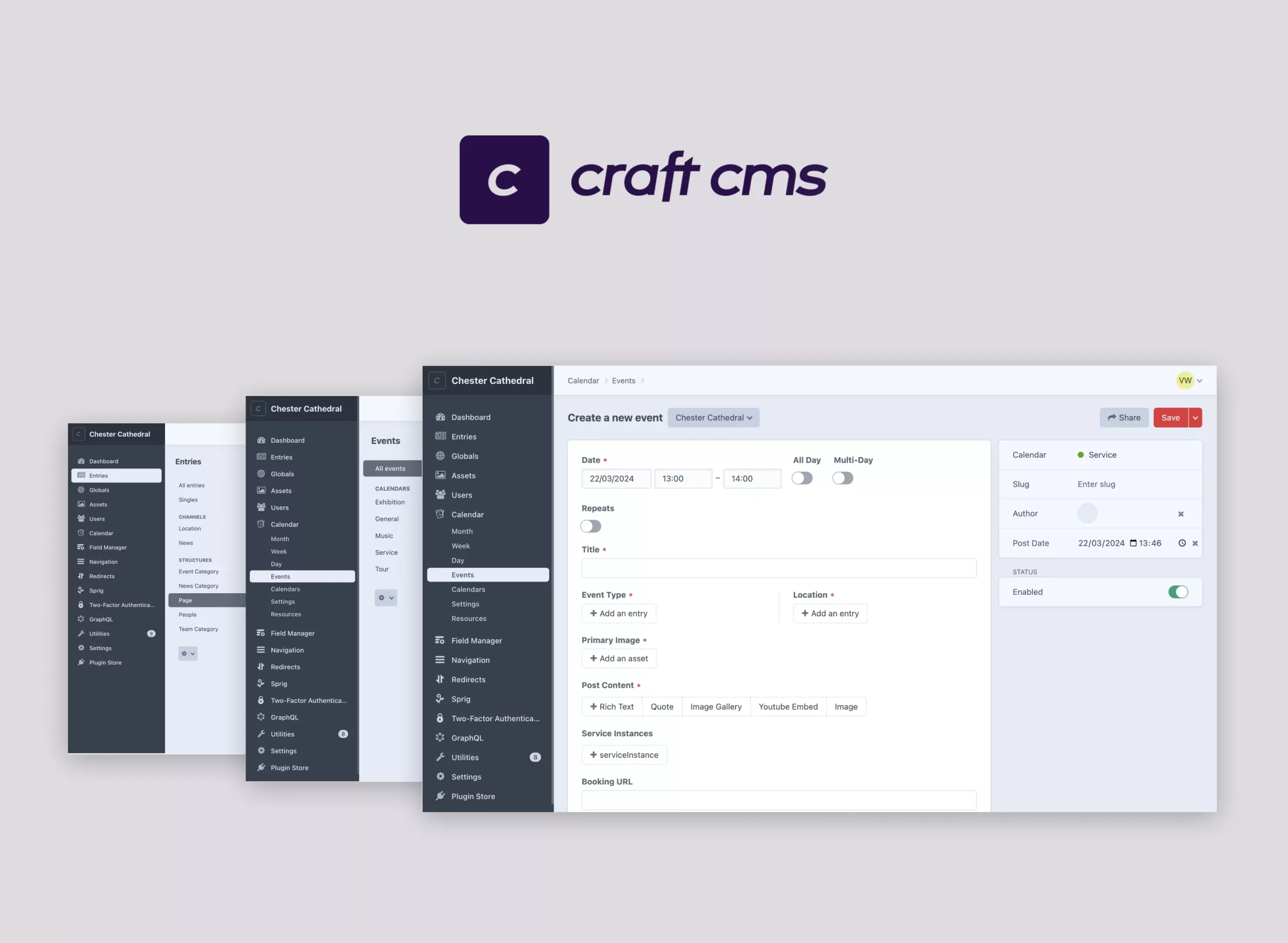 Craft CMS logo above three overlapping admin screenshots showing a dark sidebar and a Create a new event form for Chester Cathedral