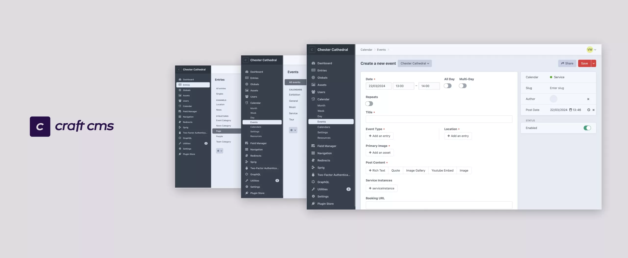 Craft CMS purple logo at left with three overlapping admin-panel screenshots showing a dark sidebar and an event creation form.