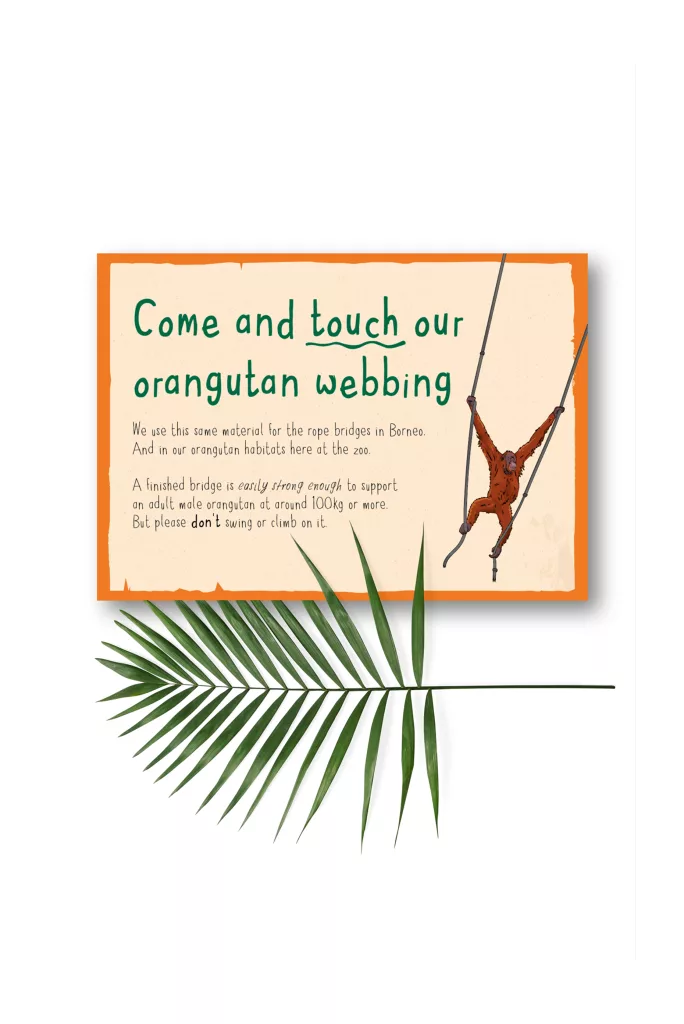 Orange-bordered sign inviting touch of orangutan webbing, showing an orangutan on ropes and a palm frond.
