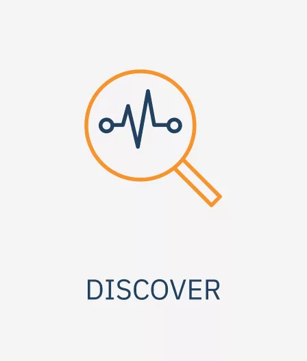 Orange magnifying glass containing a navy pulse-like waveform connecting two nodes, with the word DISCOVER beneath.