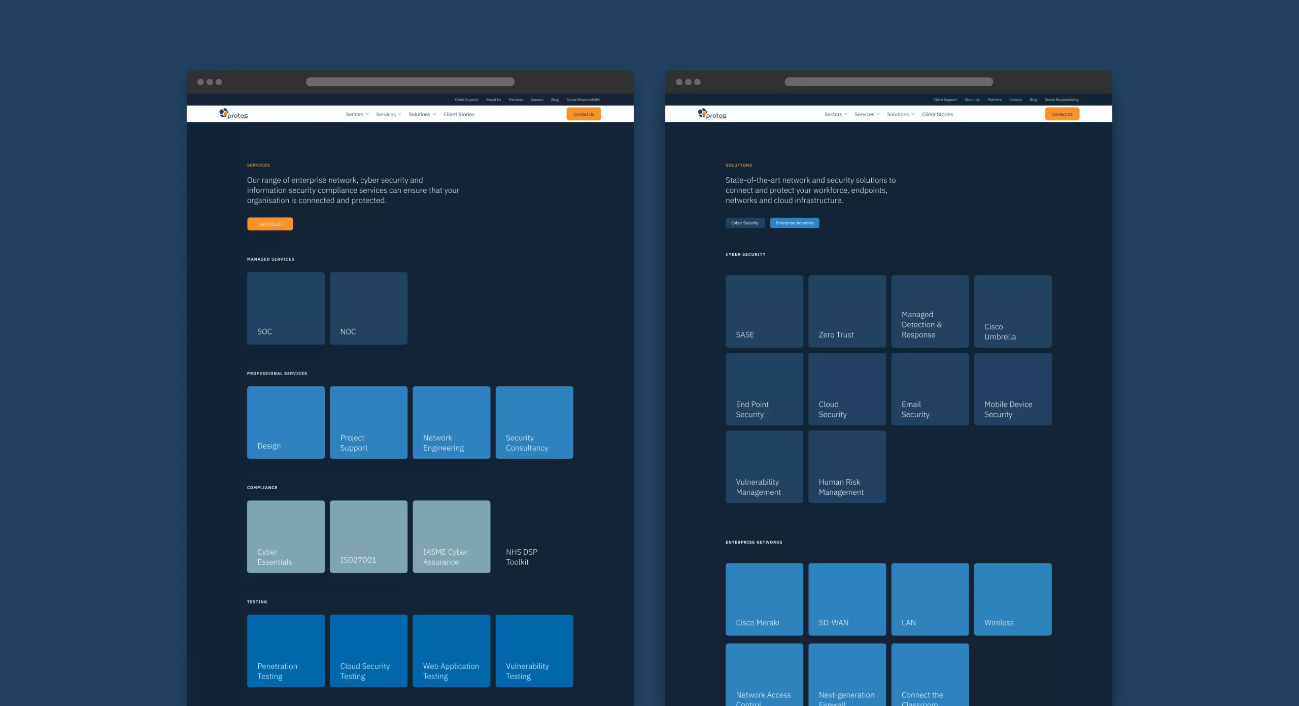 Two dark browser mockups side-by-side on blue background showing tiled cards for cybersecurity and network services.