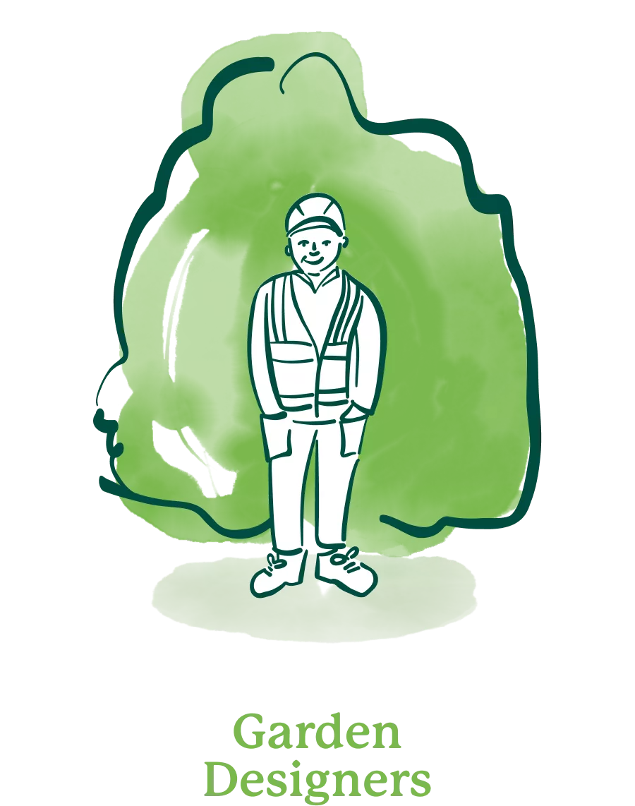 Smiling garden designer in a hard hat and hi‑vis vest standing before a stylised green tree, labelled Garden Designers.