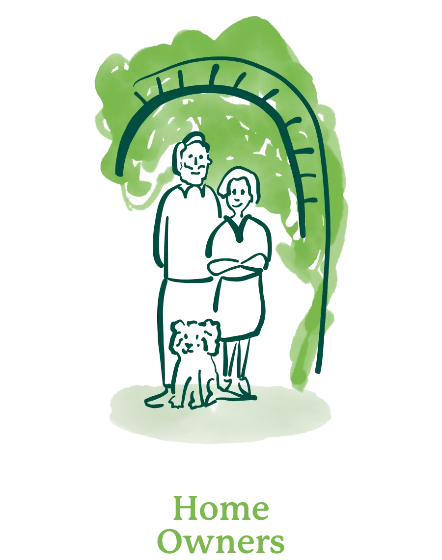 Couple with small dog standing beneath a stylised green leafy arch, with the caption Home Owners.