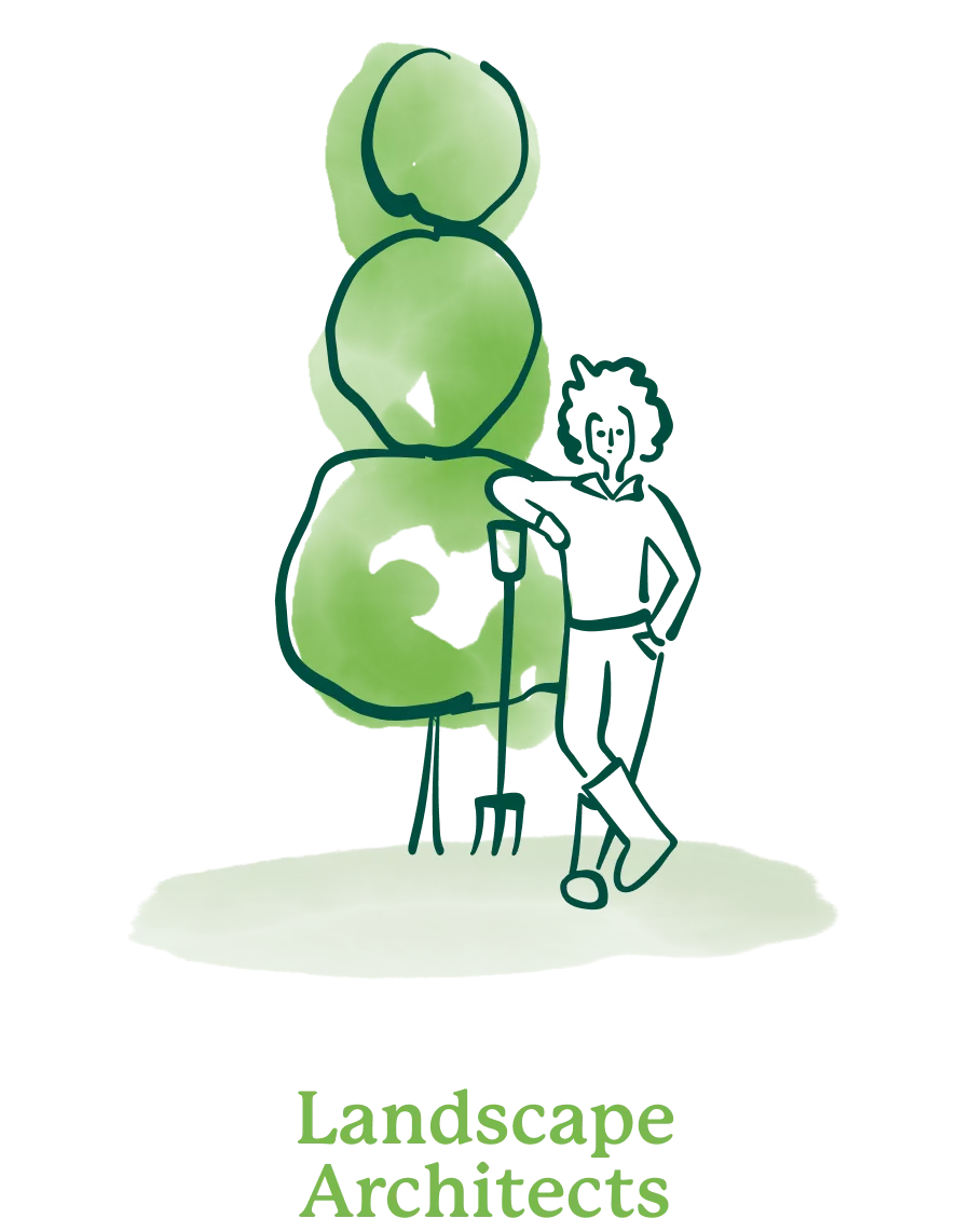 Person leaning on a shovel beside a stylised three-tier green topiary with the caption 'Landscape Architects'.