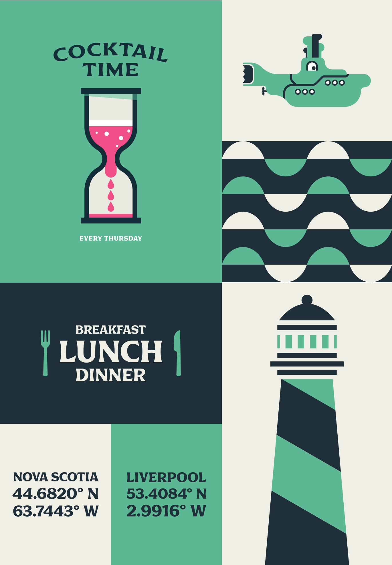 Teal poster grid with hourglass labelled Cocktail Time, submarine, wave pattern, meal text and lighthouse.