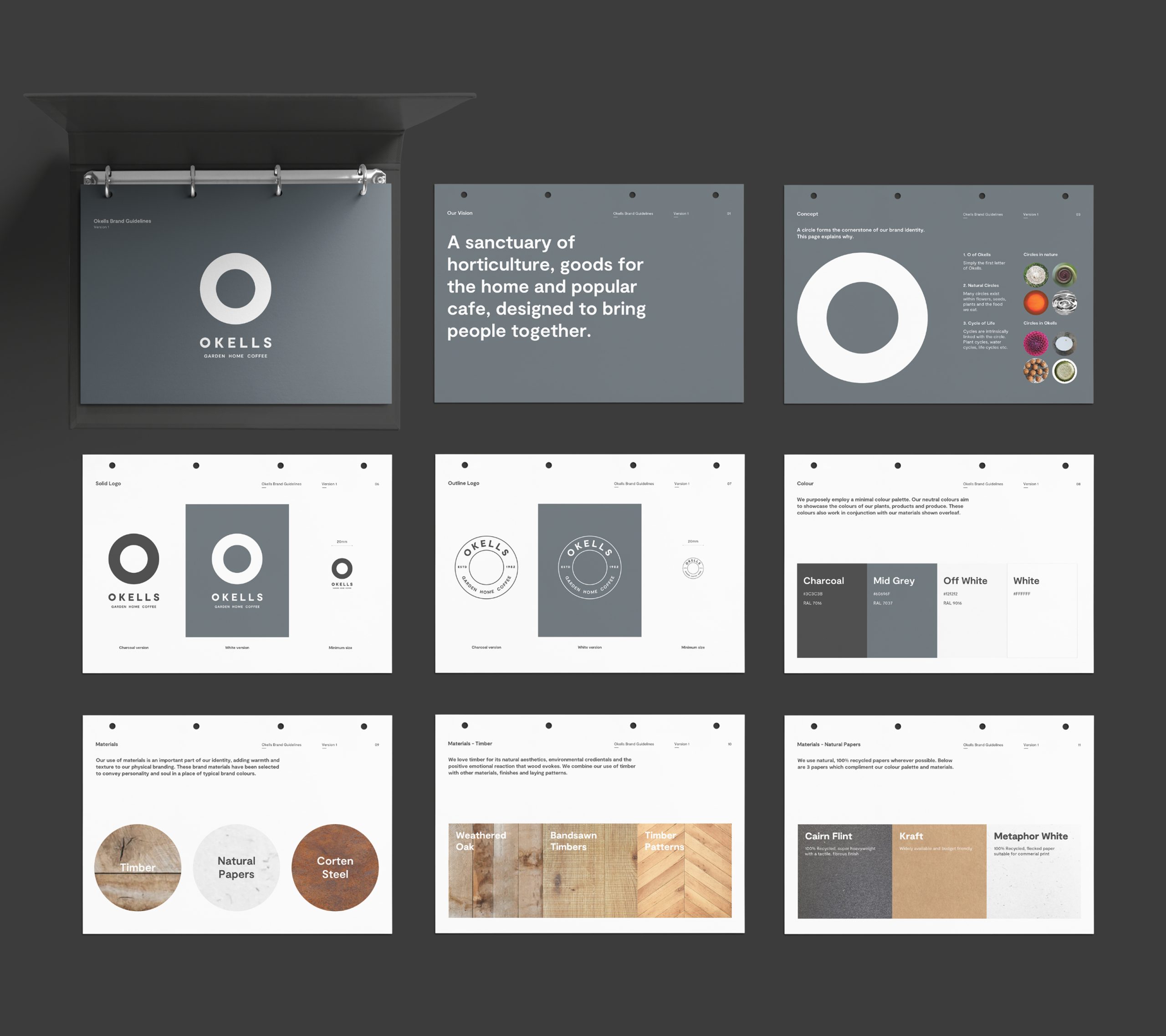 Brand guidelines for Okells with circular logo, colour palette, typography and material samples on dark grey background.