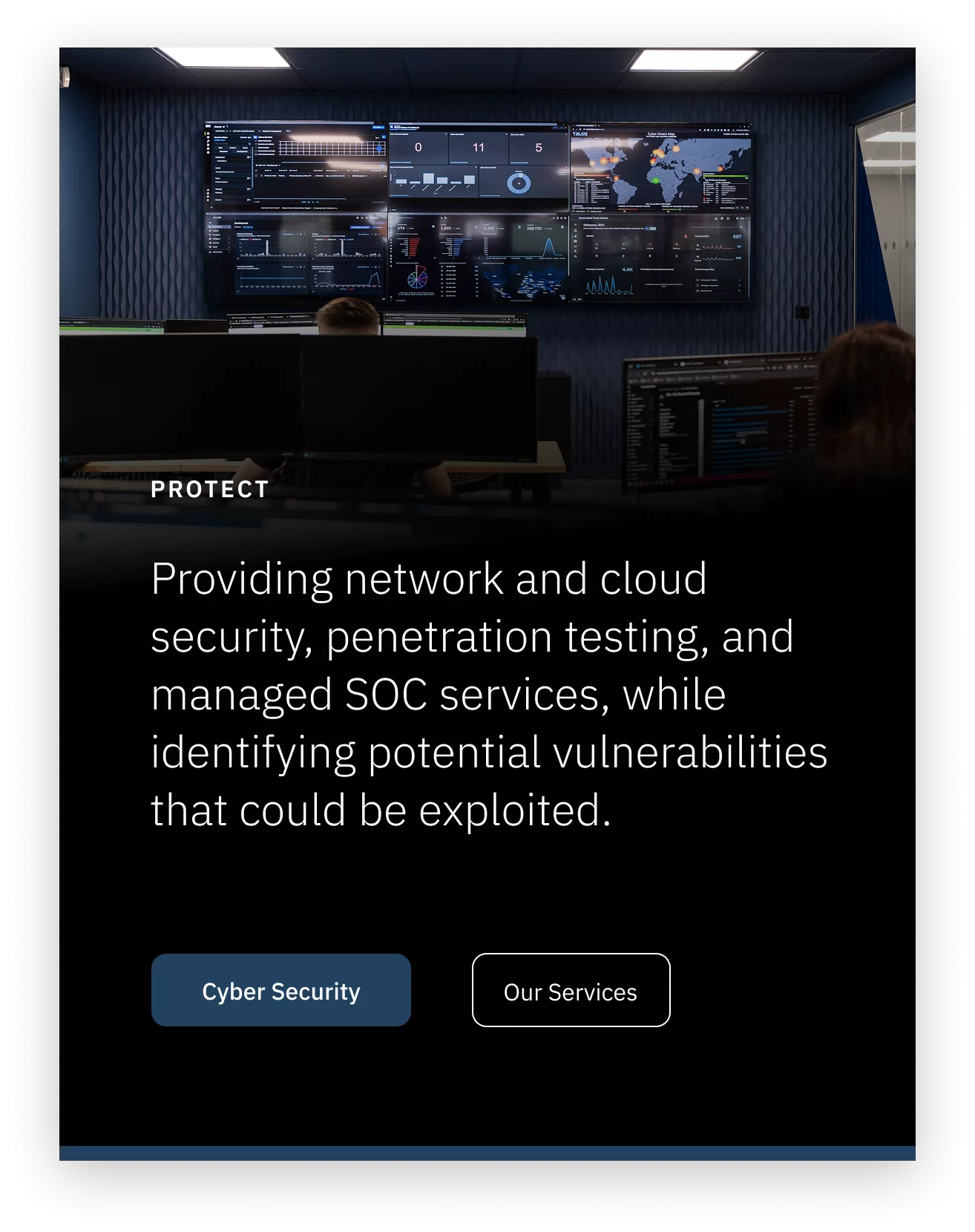 SOC room with a wall of monitoring dashboards and two analysts at desks, overlaid text about network and cloud security.