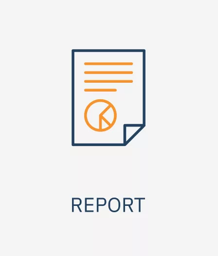 Document icon with blue outline, orange pie chart and text lines, folded corner and REPORT label beneath.
