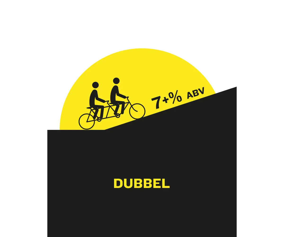 Two stylised figures on a tandem bicycle climbing a slope before a yellow semicircle, labelled 7+% ABV with DUBBEL below.